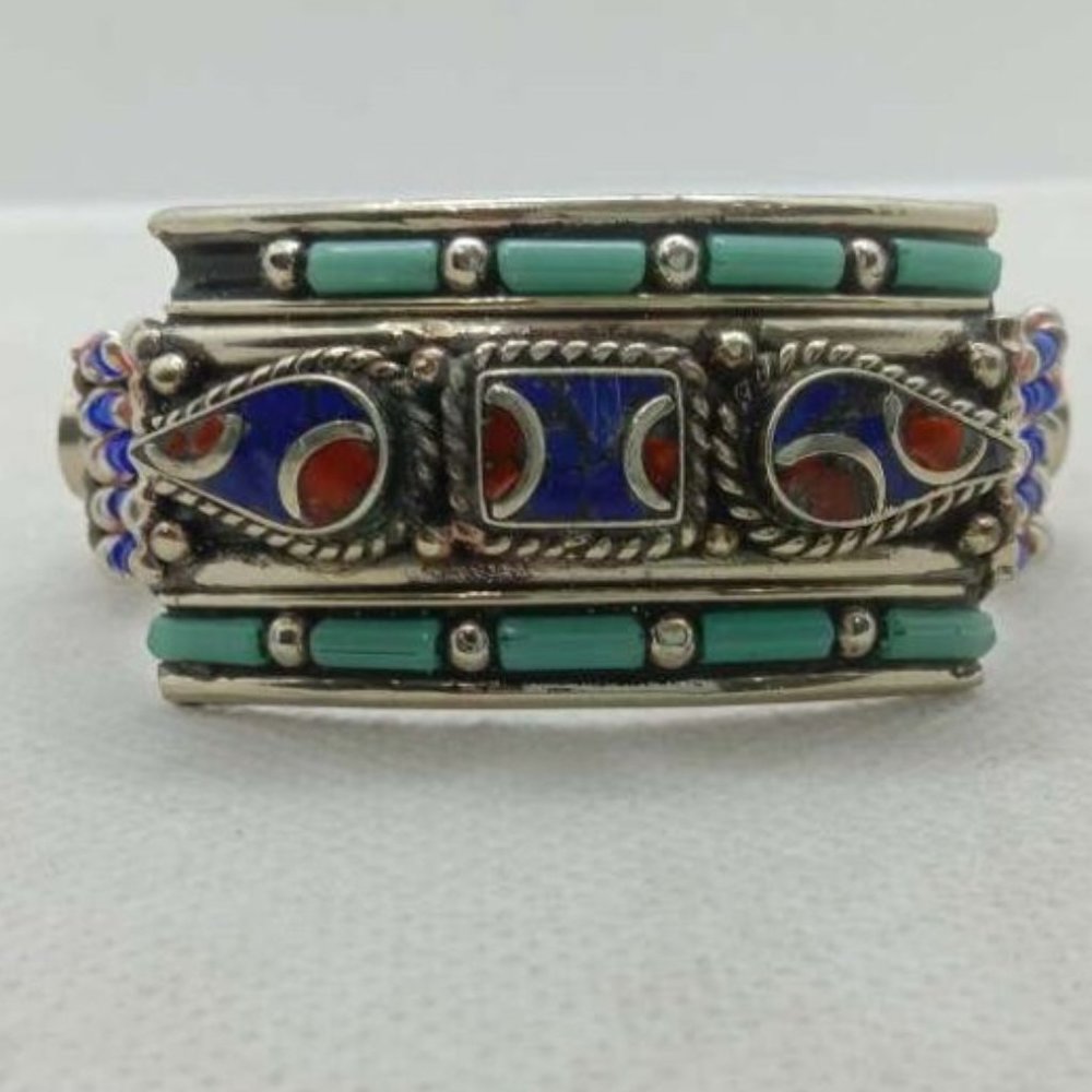Single Handmade Nepalese Tribal Bracelet: Turquoise, Lapis, and Coral Gemstones